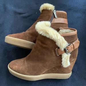 Aquatalia Brown Suede Shearling Trim Wedge Ankle Boots/Booties
